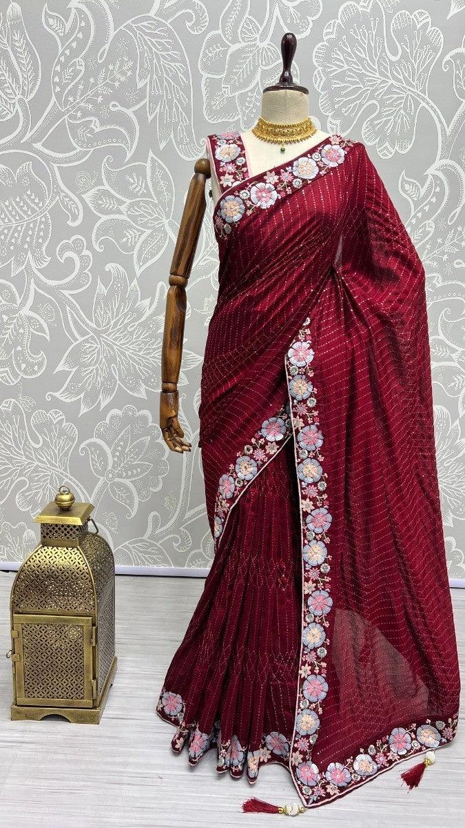 Wonderful Red Sequin Work Silk Designer Saree With Blouse