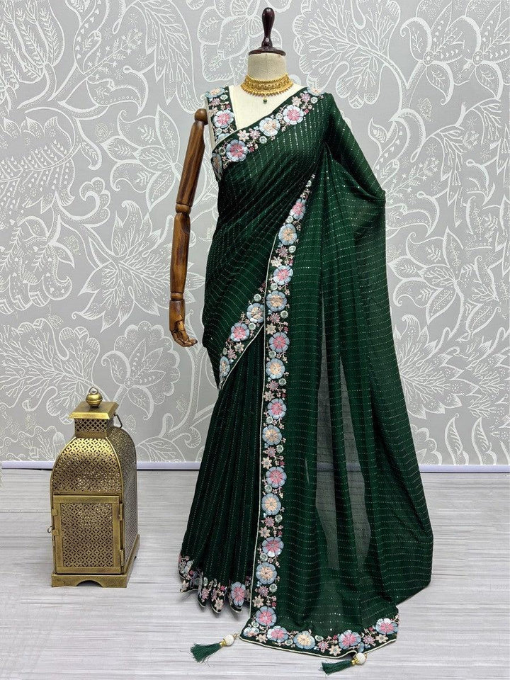 Classic Green Sequins Silk Sangeet Wear Saree With Blouse