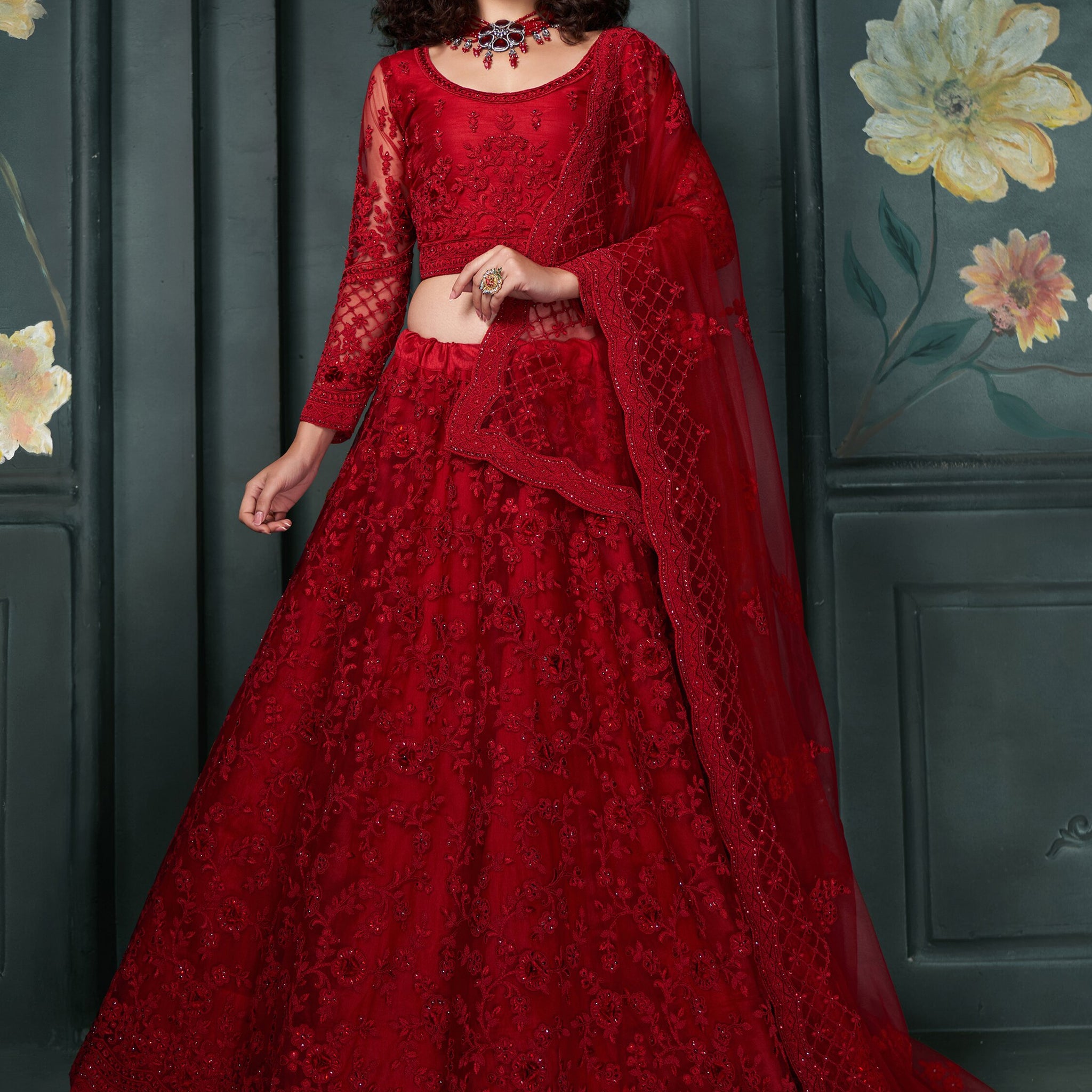 Glamorous Red Embroidered Net Bridesmaid Lehenga Choli With Dupatta