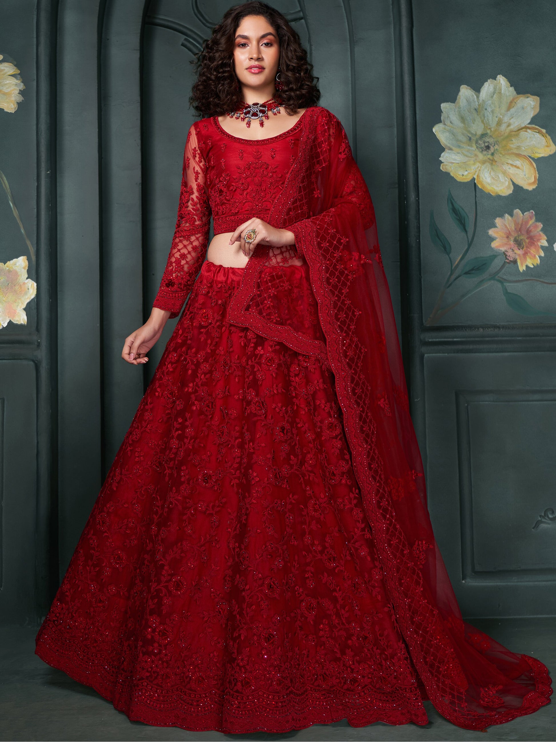 Glamorous Red Embroidered Net Bridesmaid Lehenga Choli With Dupatta