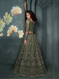 Alluring Olive Green Embroidered Net Mehendi Wear Lehenga Choli
