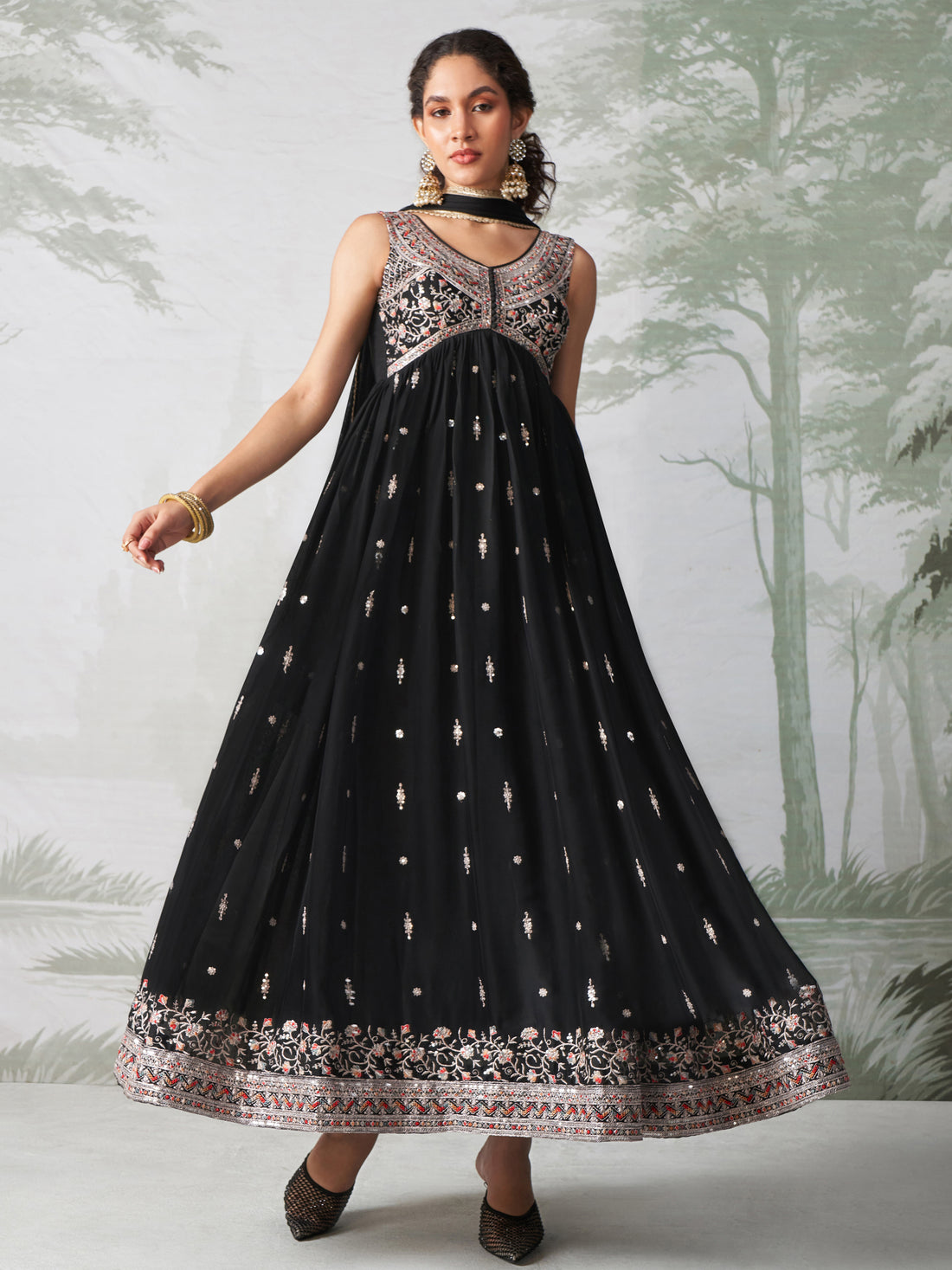 Charming Black Embroidered Organza Reception Wear Gown