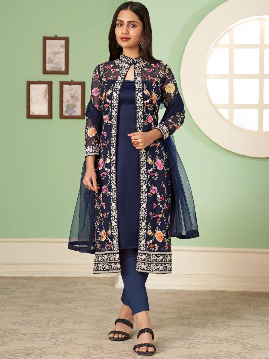 Amazing Blue Embroidered Georgette Jacket Salwar Suit