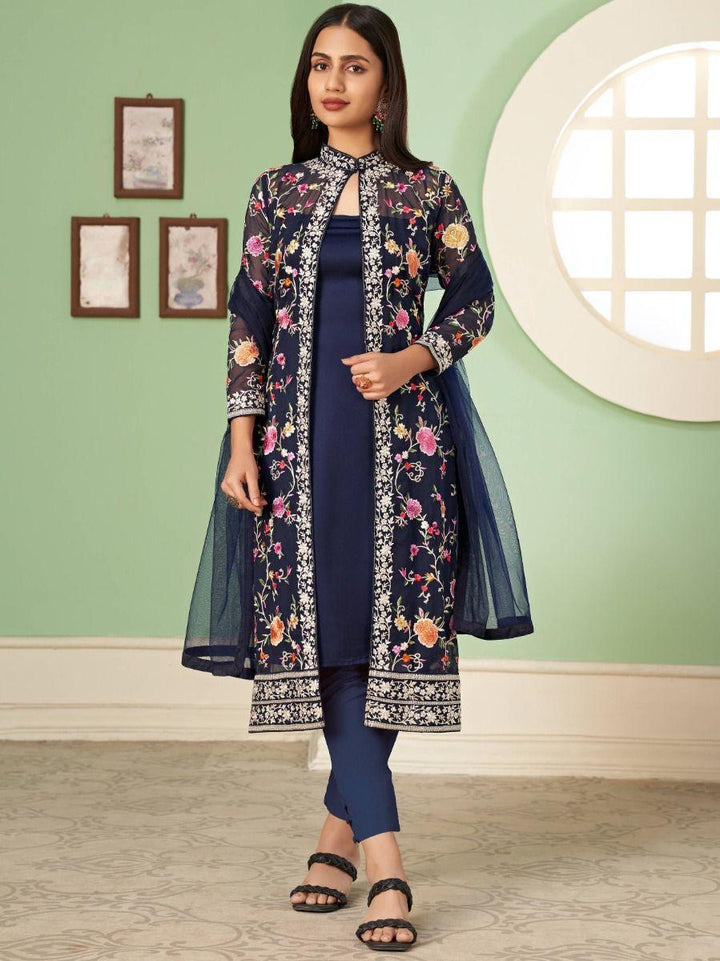 Amazing Blue Embroidered Georgette Jacket Salwar Suit