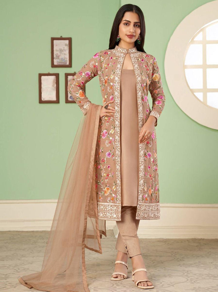 Unique Light Brown Embroidered Georgette Jacket Salwar Suit