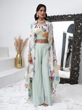 Alluring Aqua Blue Georgette Party Wear Crop Top Palazzo With Shrug - Zeel Clothing