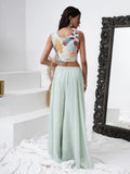 Alluring Aqua Blue Georgette Party Wear Crop Top Palazzo With Shrug - Zeel Clothing