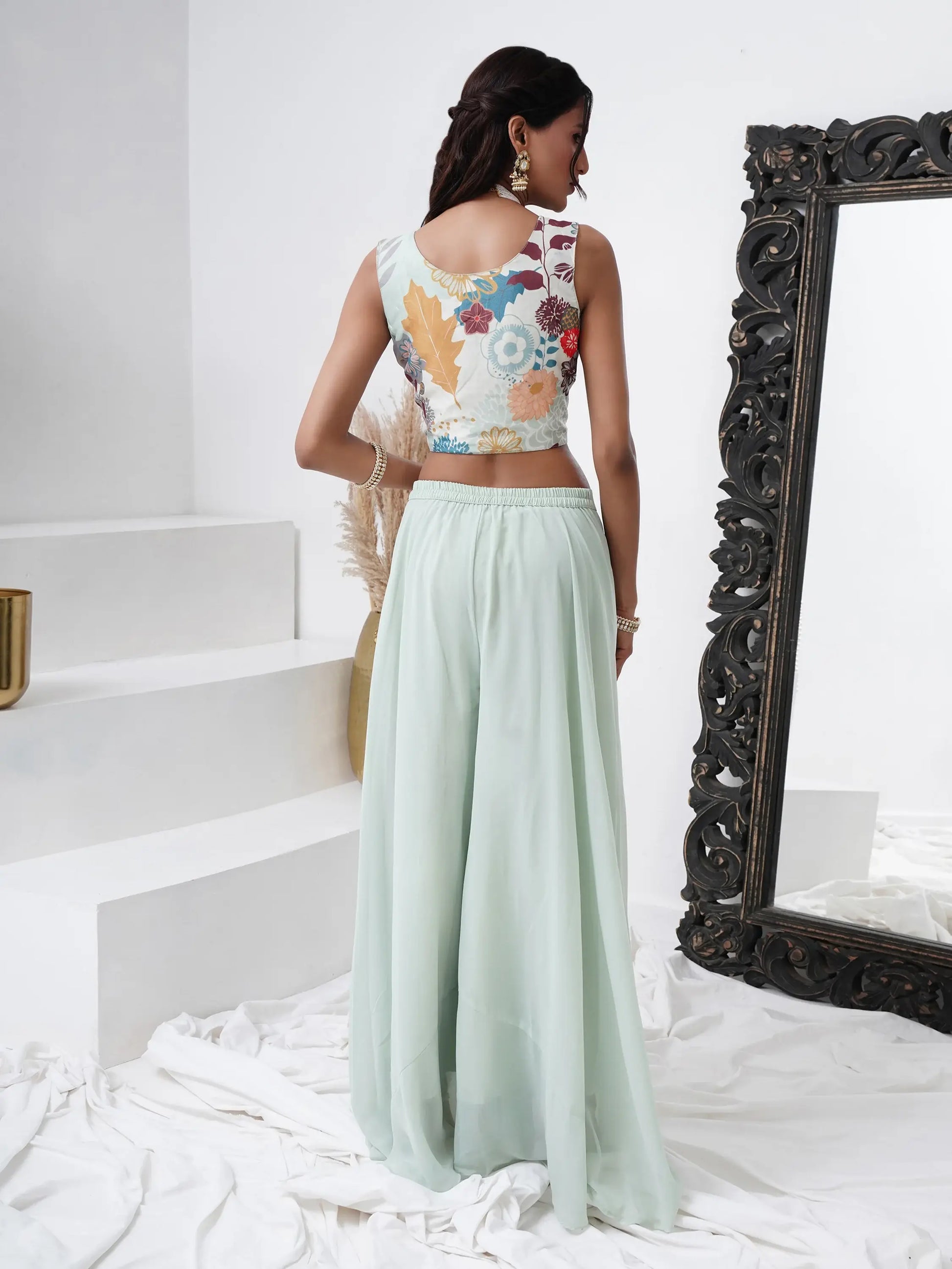 Alluring Aqua Blue Georgette Party Wear Crop Top Palazzo With Shrug - Zeel Clothing