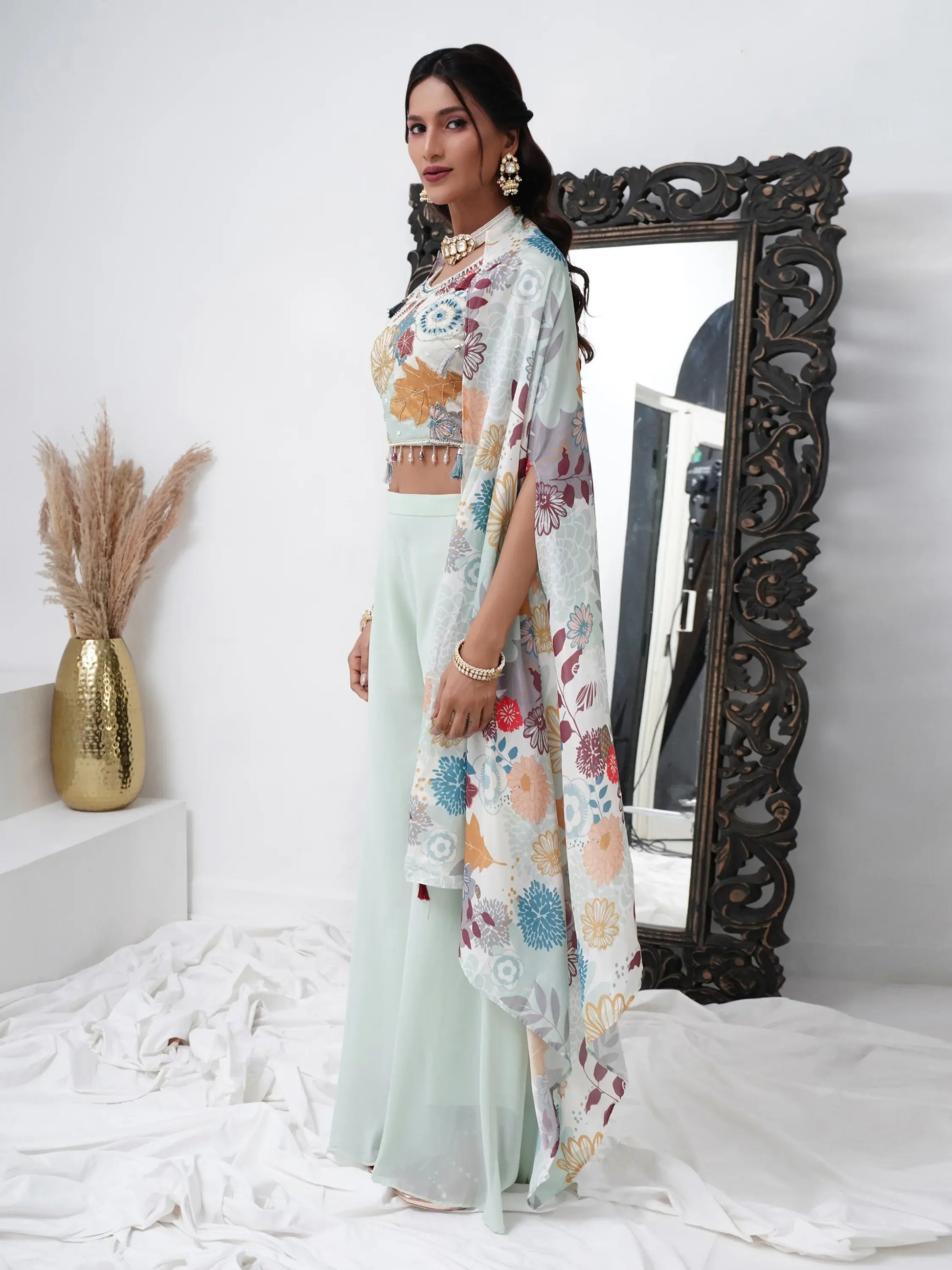 Alluring Aqua Blue Georgette Party Wear Crop Top Palazzo With Shrug - Zeel Clothing