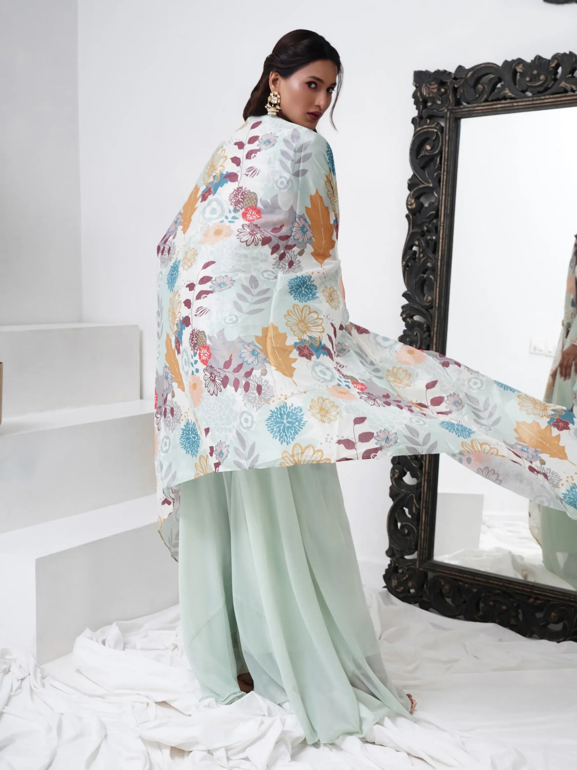 Alluring Aqua Blue Georgette Party Wear Crop Top Palazzo With Shrug - Zeel Clothing