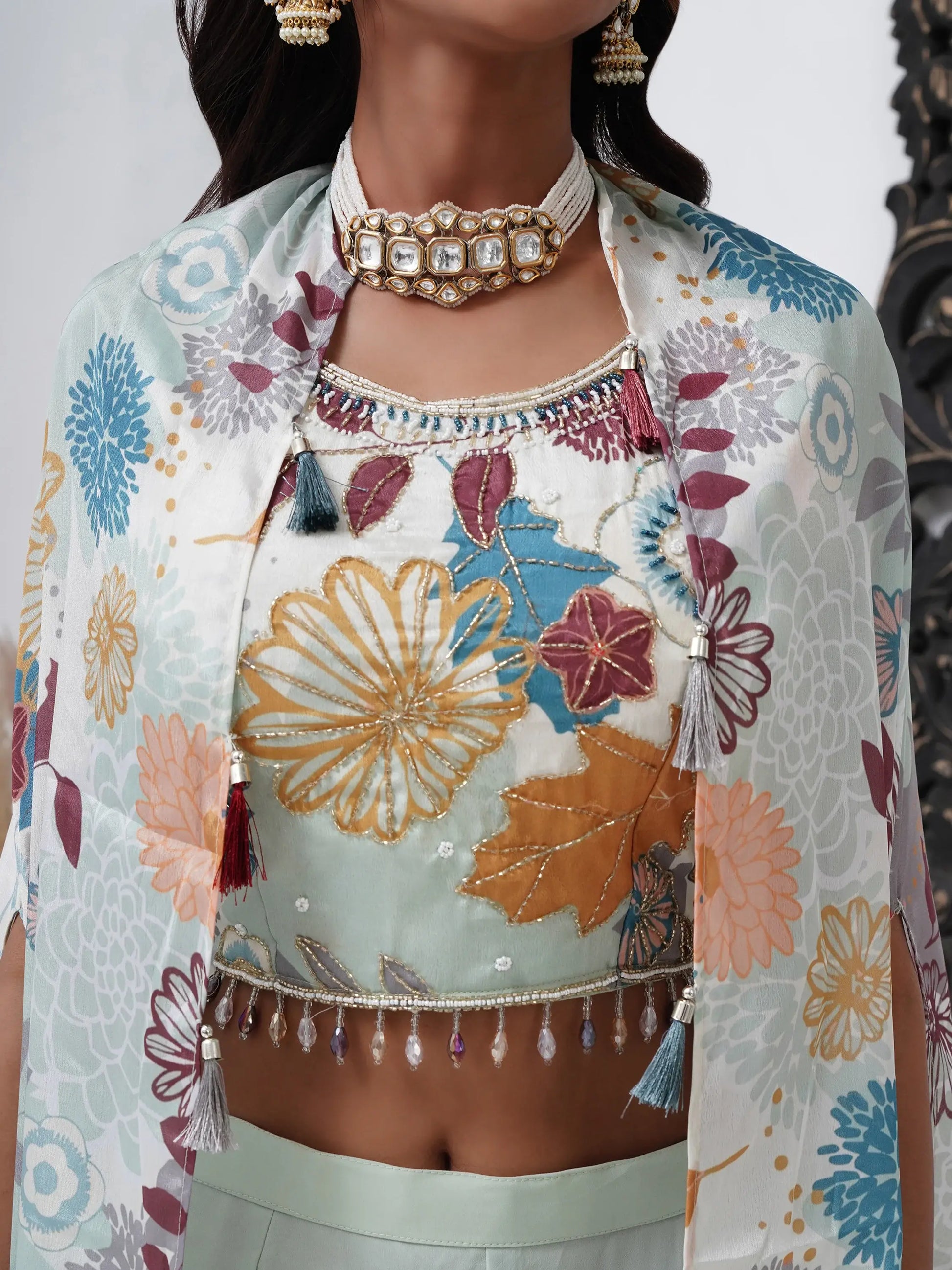 Alluring Aqua Blue Georgette Party Wear Crop Top Palazzo With Shrug - Zeel Clothing