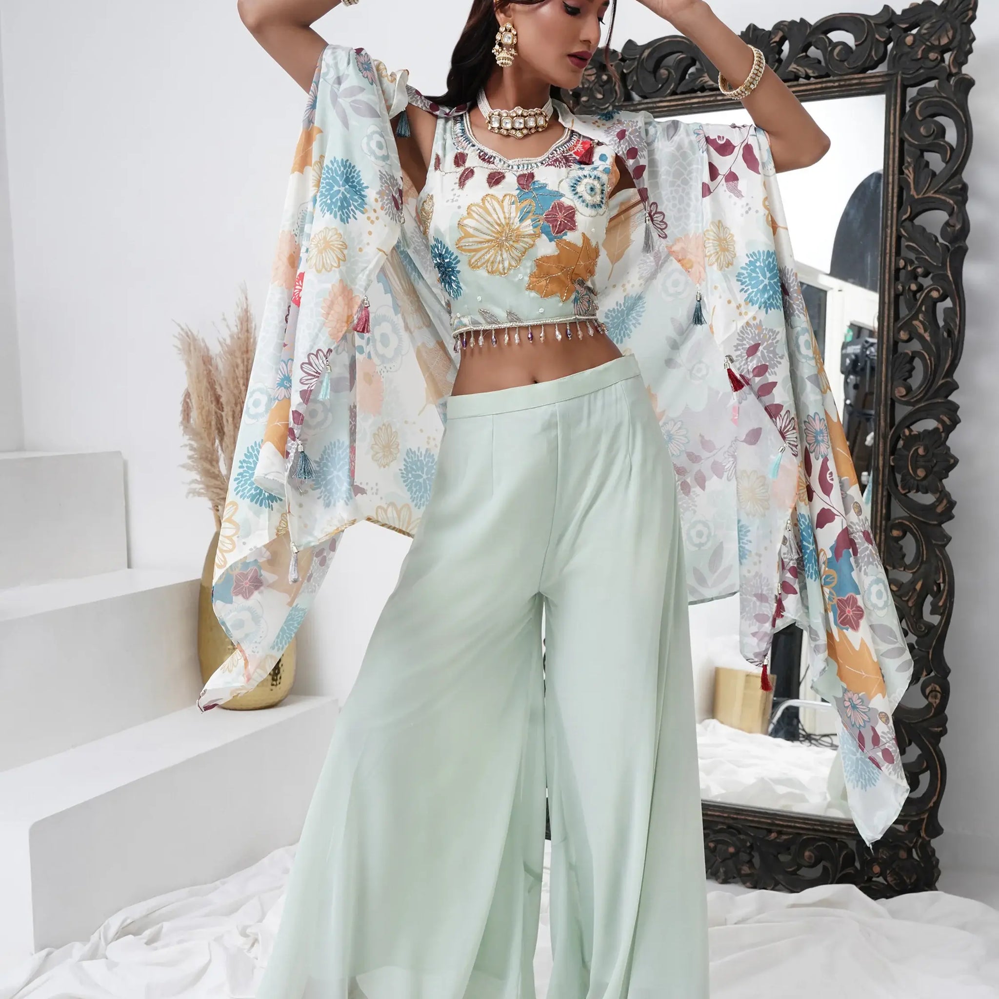 Alluring Aqua Blue Georgette Party Wear Crop Top Palazzo With Shrug - Zeel Clothing
