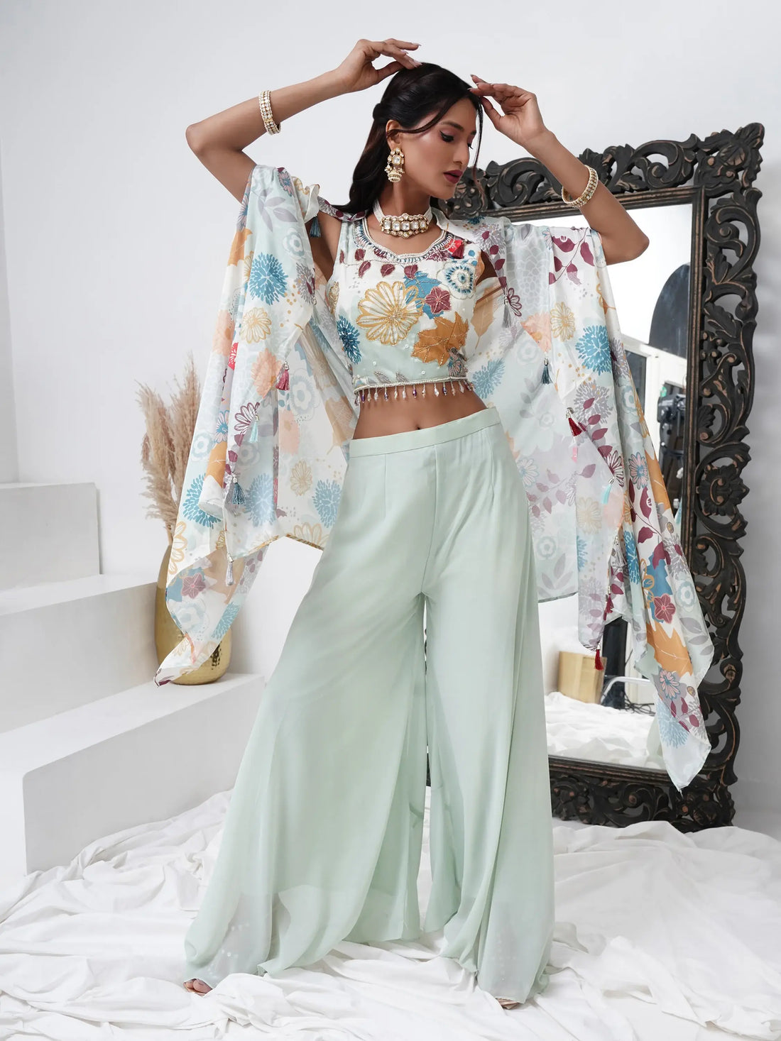 Alluring Aqua Blue Georgette Party Wear Crop Top Palazzo With Shrug - Zeel Clothing