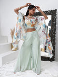 Alluring Aqua Blue Georgette Party Wear Crop Top Palazzo With Shrug - Zeel Clothing