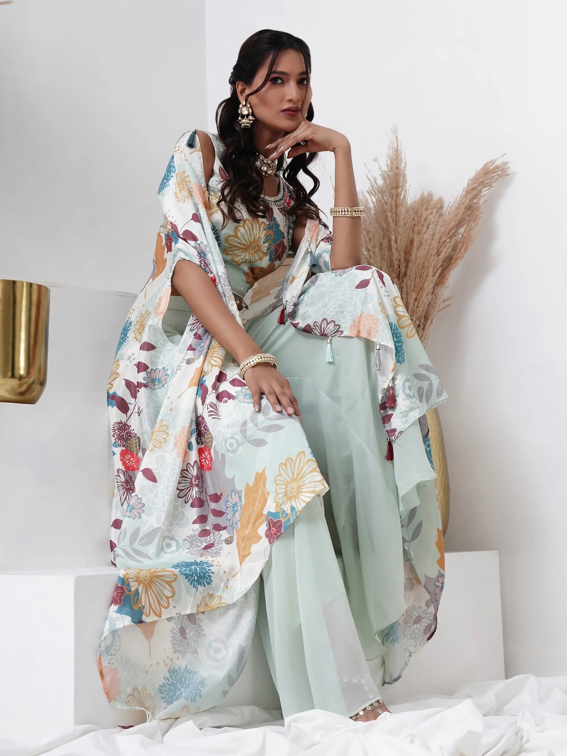 Alluring Aqua Blue Georgette Party Wear Crop Top Palazzo With Shrug - Zeel Clothing