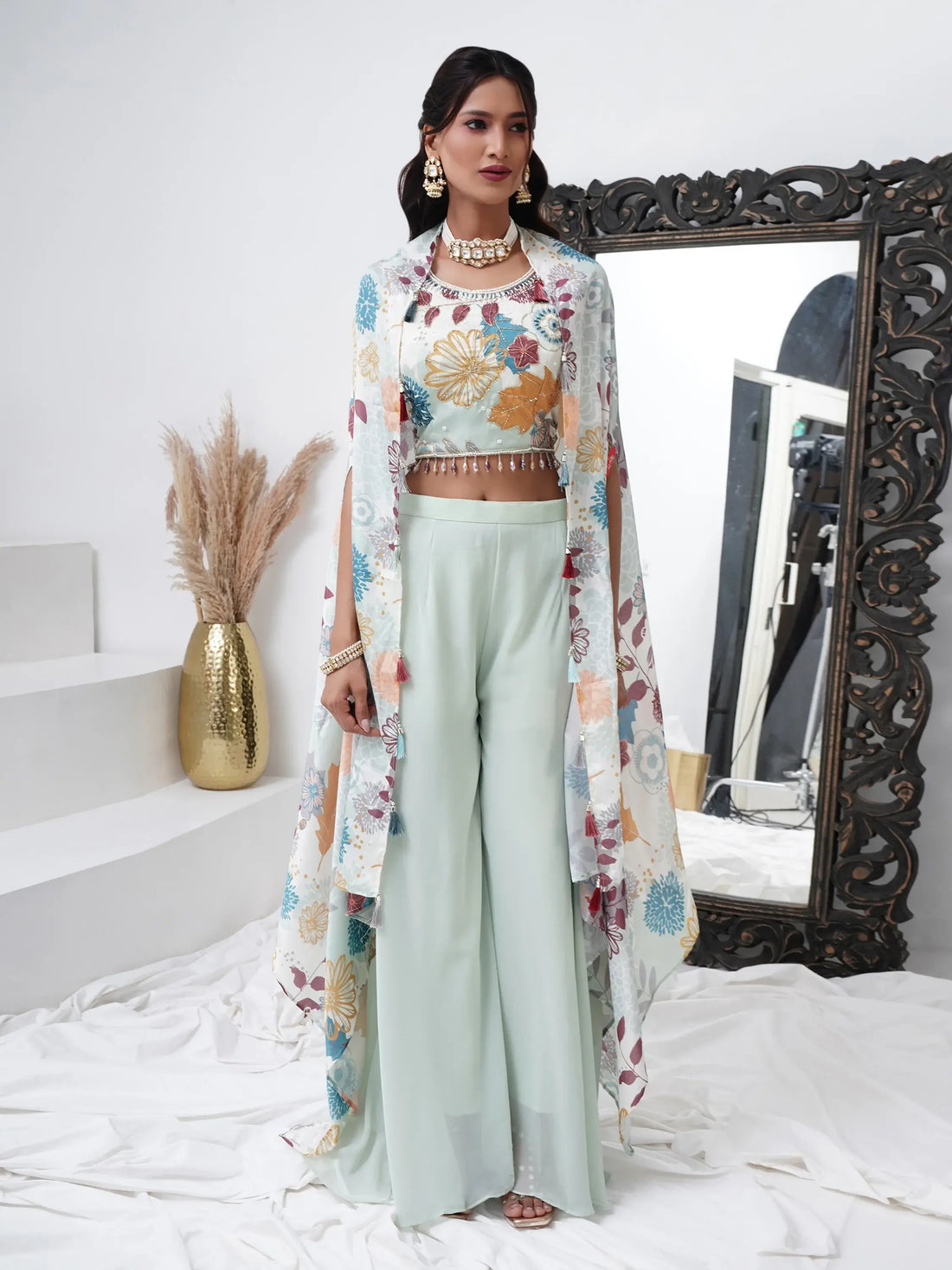 Alluring Aqua Blue Georgette Party Wear Crop Top Palazzo With Shrug - Zeel Clothing