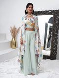 Alluring Aqua Blue Georgette Party Wear Crop Top Palazzo With Shrug - Zeel Clothing