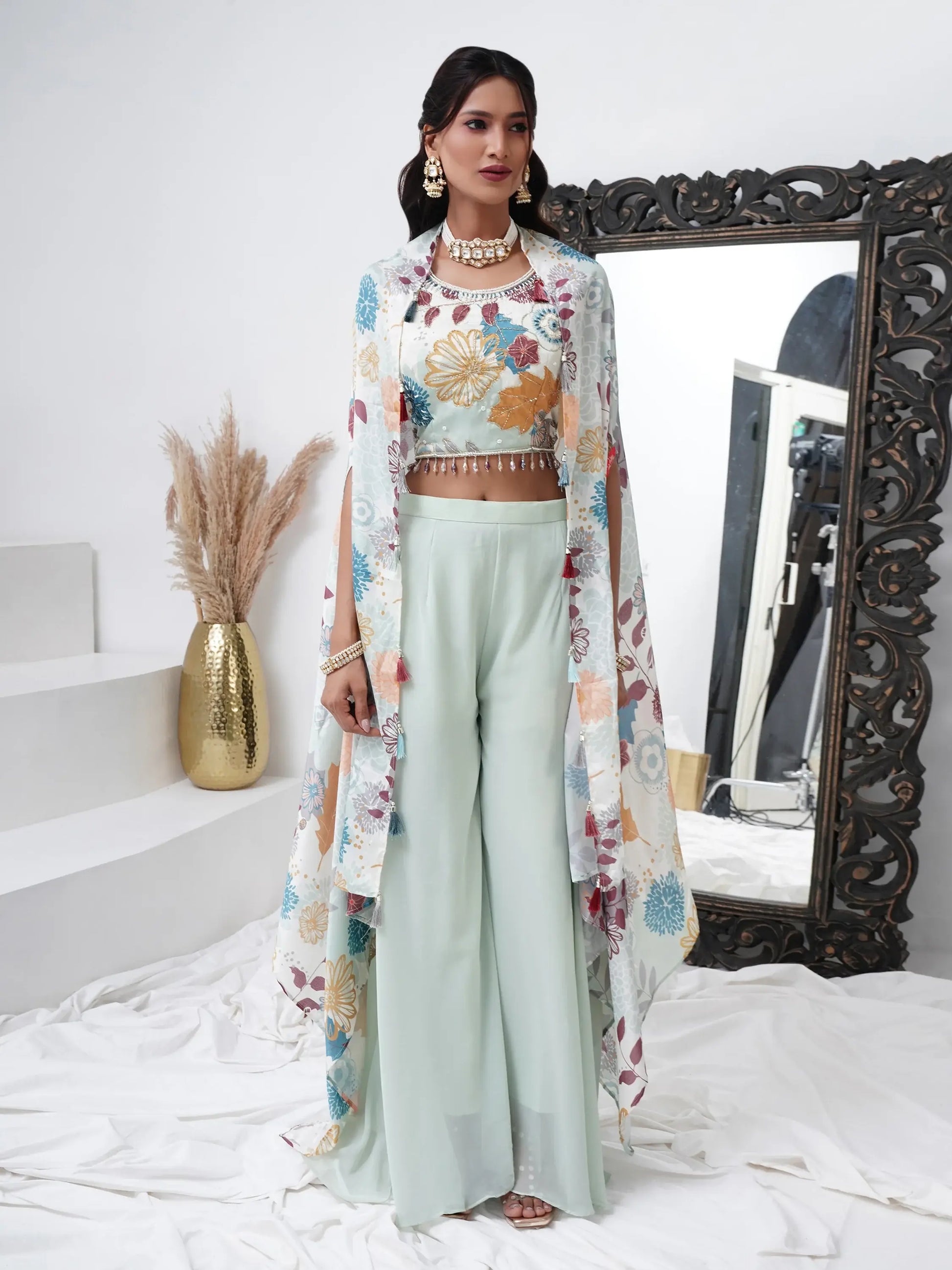 Alluring Aqua Blue Georgette Party Wear Crop Top Palazzo With Shrug - Zeel Clothing