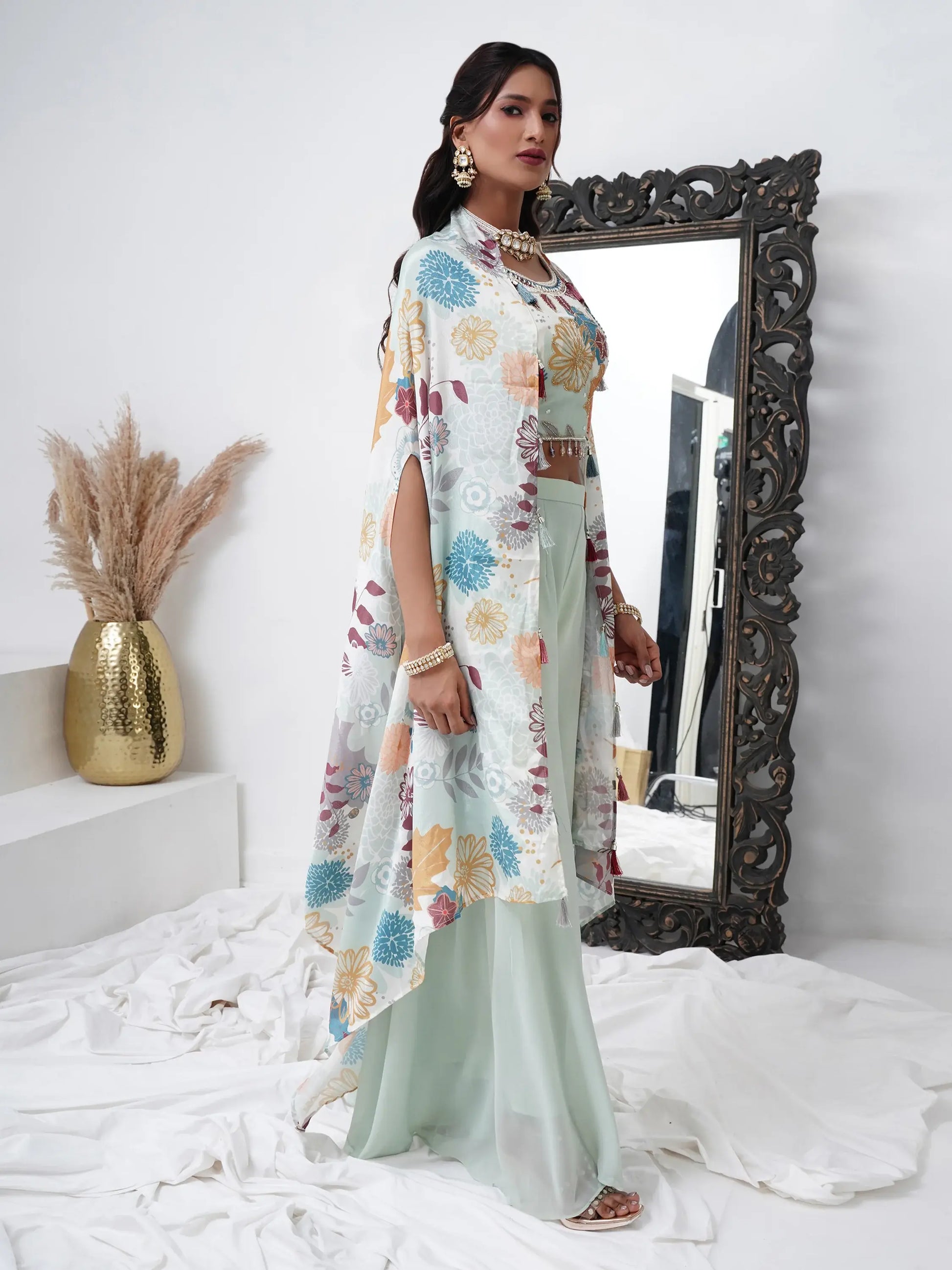 Alluring Aqua Blue Georgette Party Wear Crop Top Palazzo With Shrug - Zeel Clothing