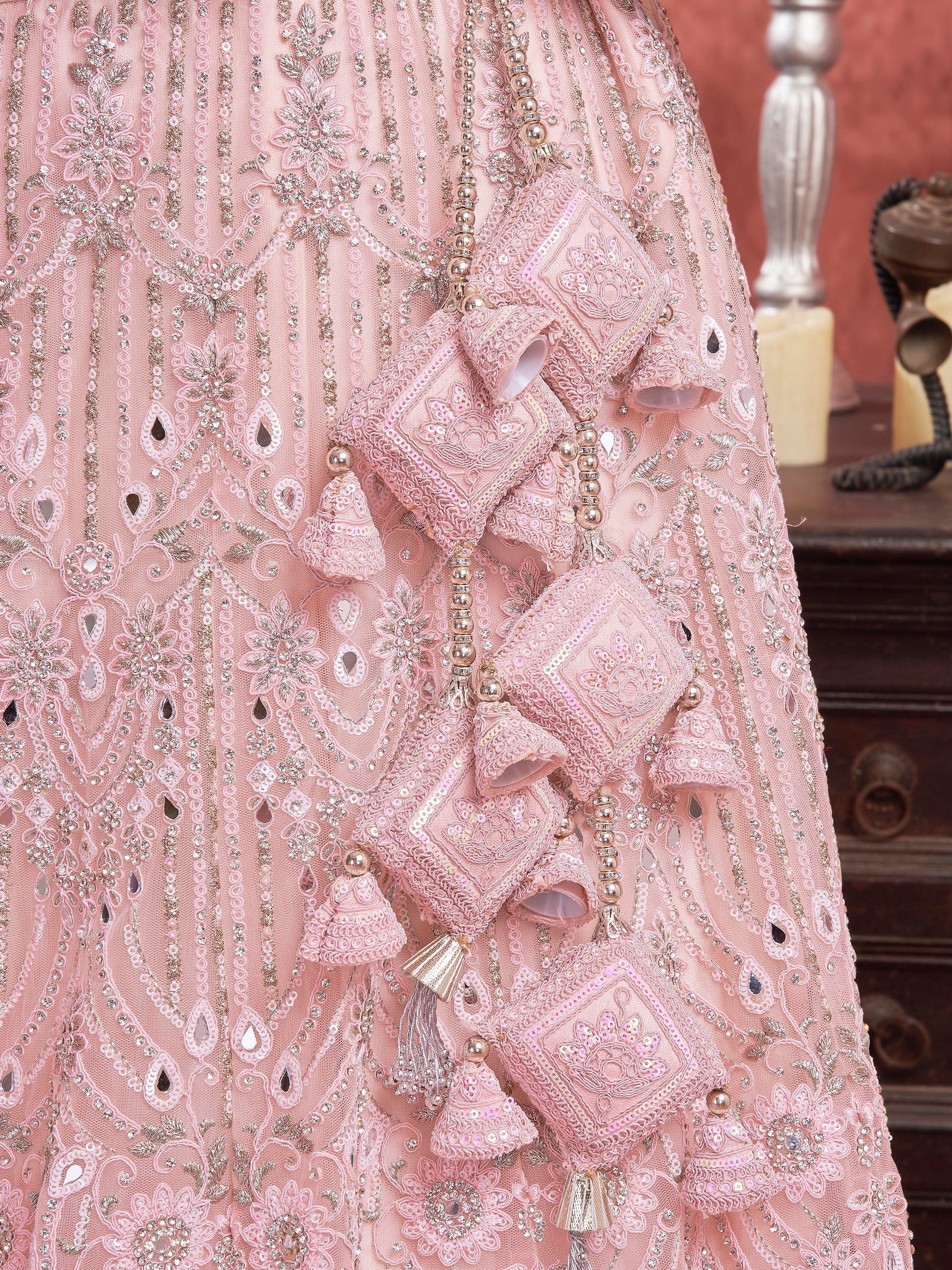 Alluring Baby Pink Sequins Net Bridesmaid Lehenga Choli With Dupatta - Zeel Clothing