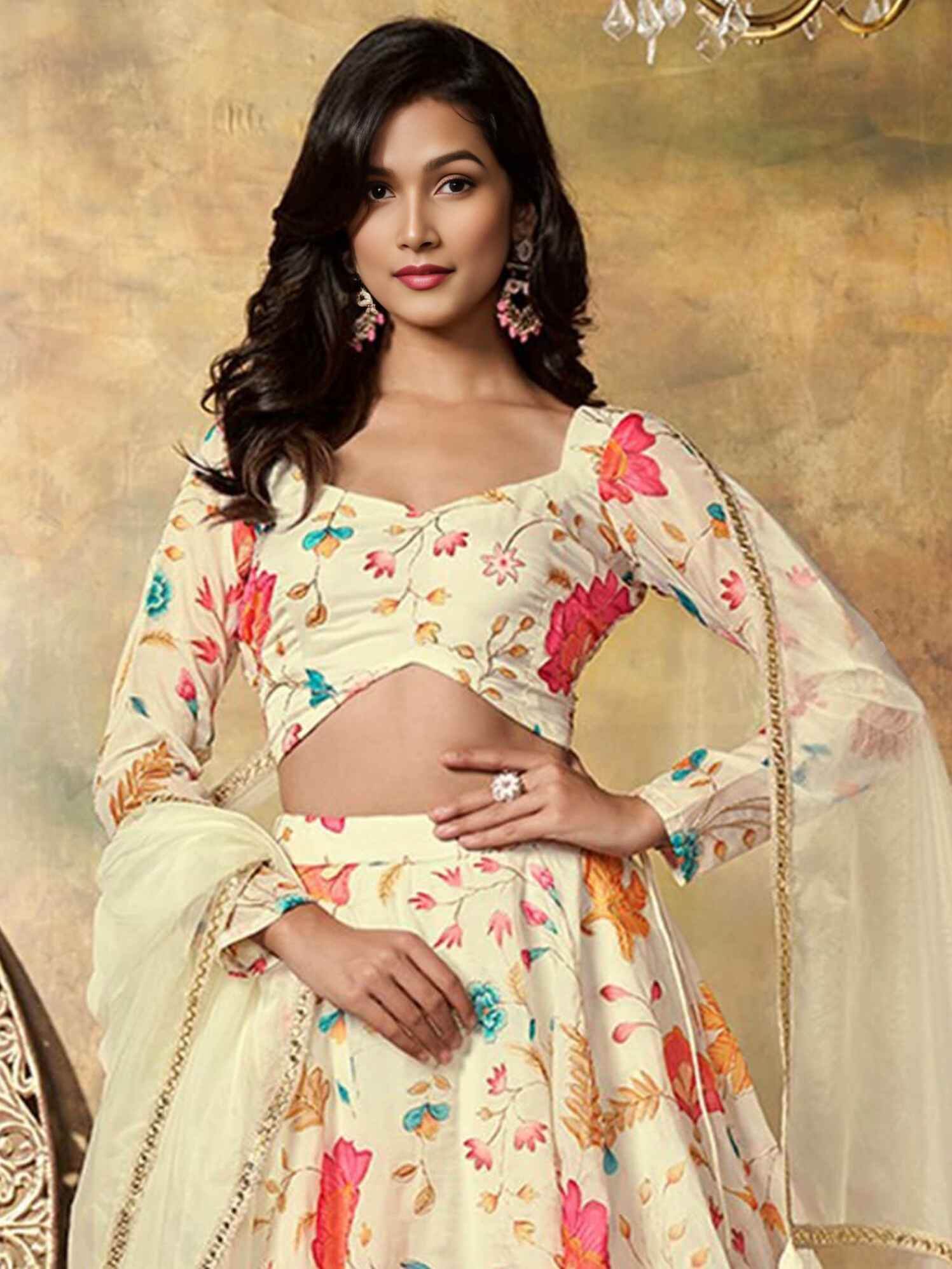 Alluring Beige Floral Printed Organza Reception Wear Lehenga Choli - Zeel Clothing