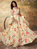 Alluring Beige Floral Printed Organza Reception Wear Lehenga Choli - Zeel Clothing