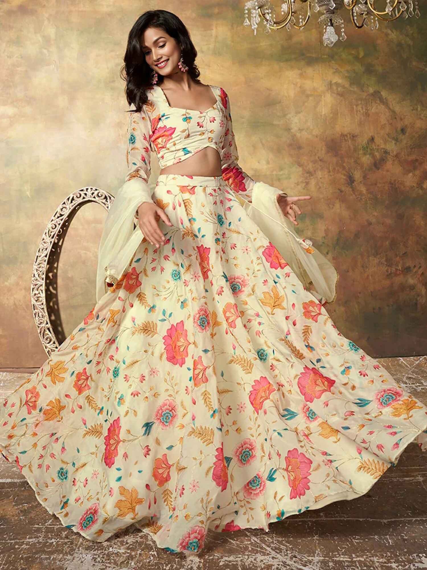 Alluring Beige Floral Printed Organza Reception Wear Lehenga Choli - Zeel Clothing
