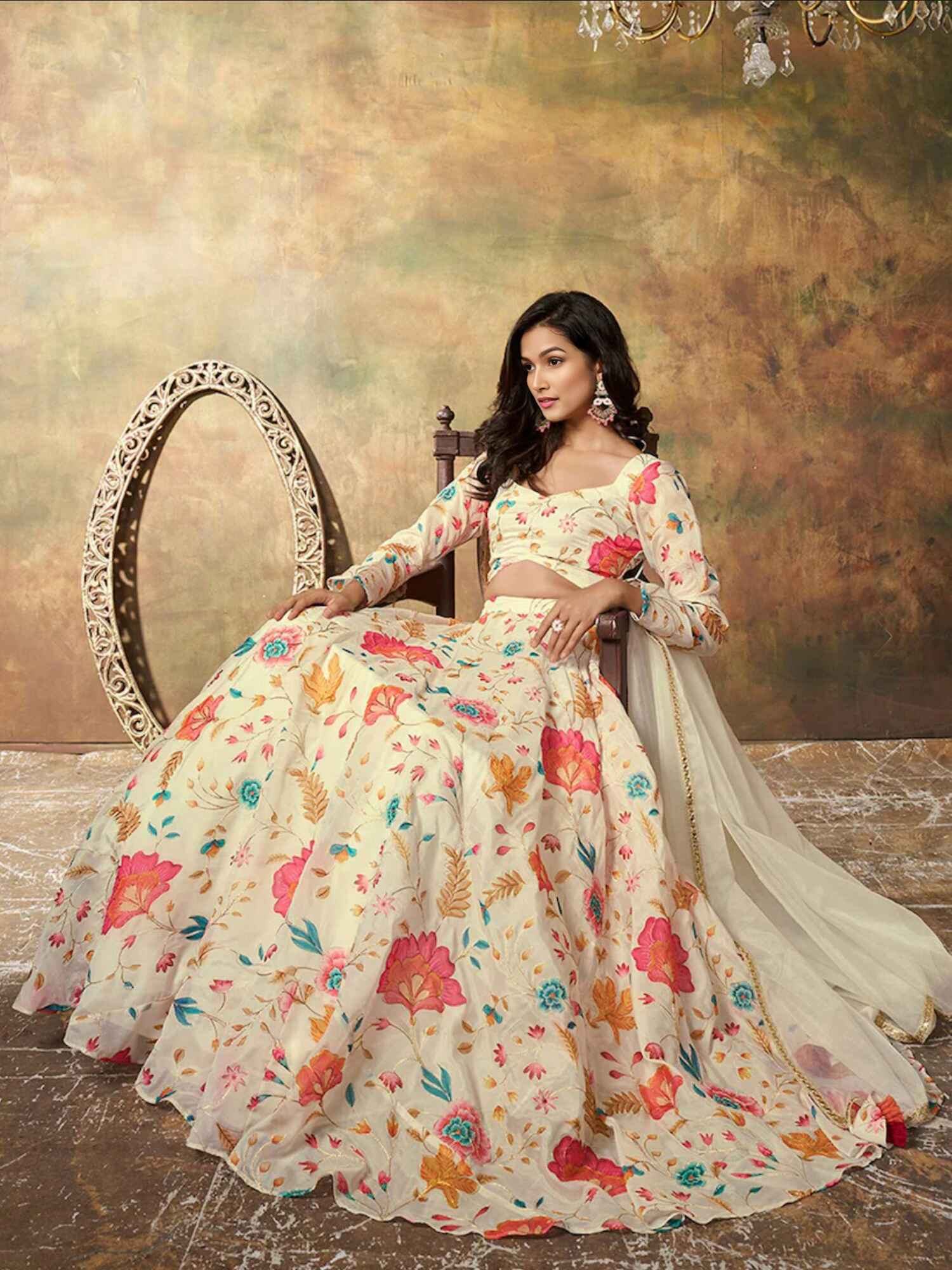 Alluring Beige Floral Printed Organza Reception Wear Lehenga Choli - Zeel Clothing