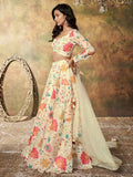 Alluring Beige Floral Printed Organza Reception Wear Lehenga Choli - Zeel Clothing