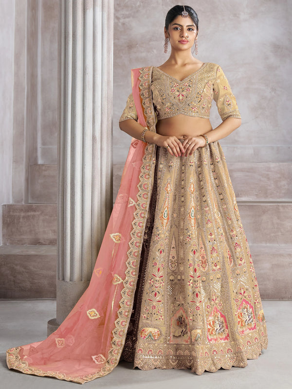 Alluring Beige Thread Work Banarasi Silk Bridesmaid Lehenga Choli - Zeel Clothing