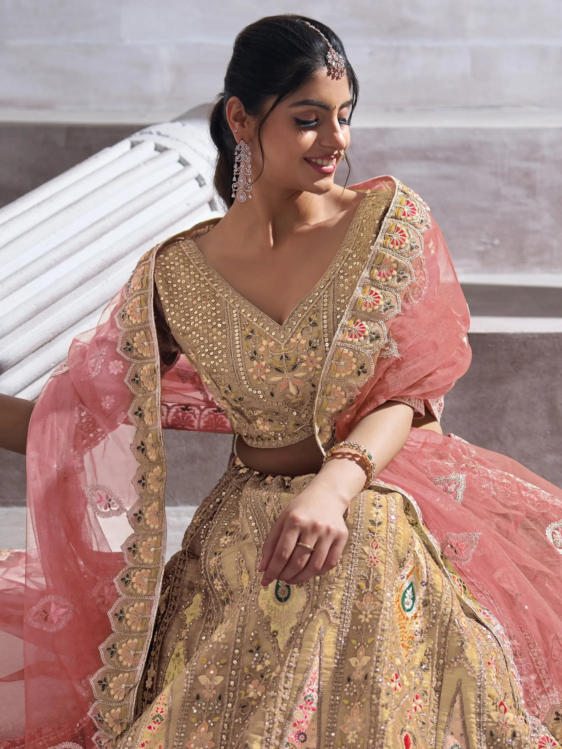 Alluring Beige Thread Work Banarasi Silk Bridesmaid Lehenga Choli - Zeel Clothing