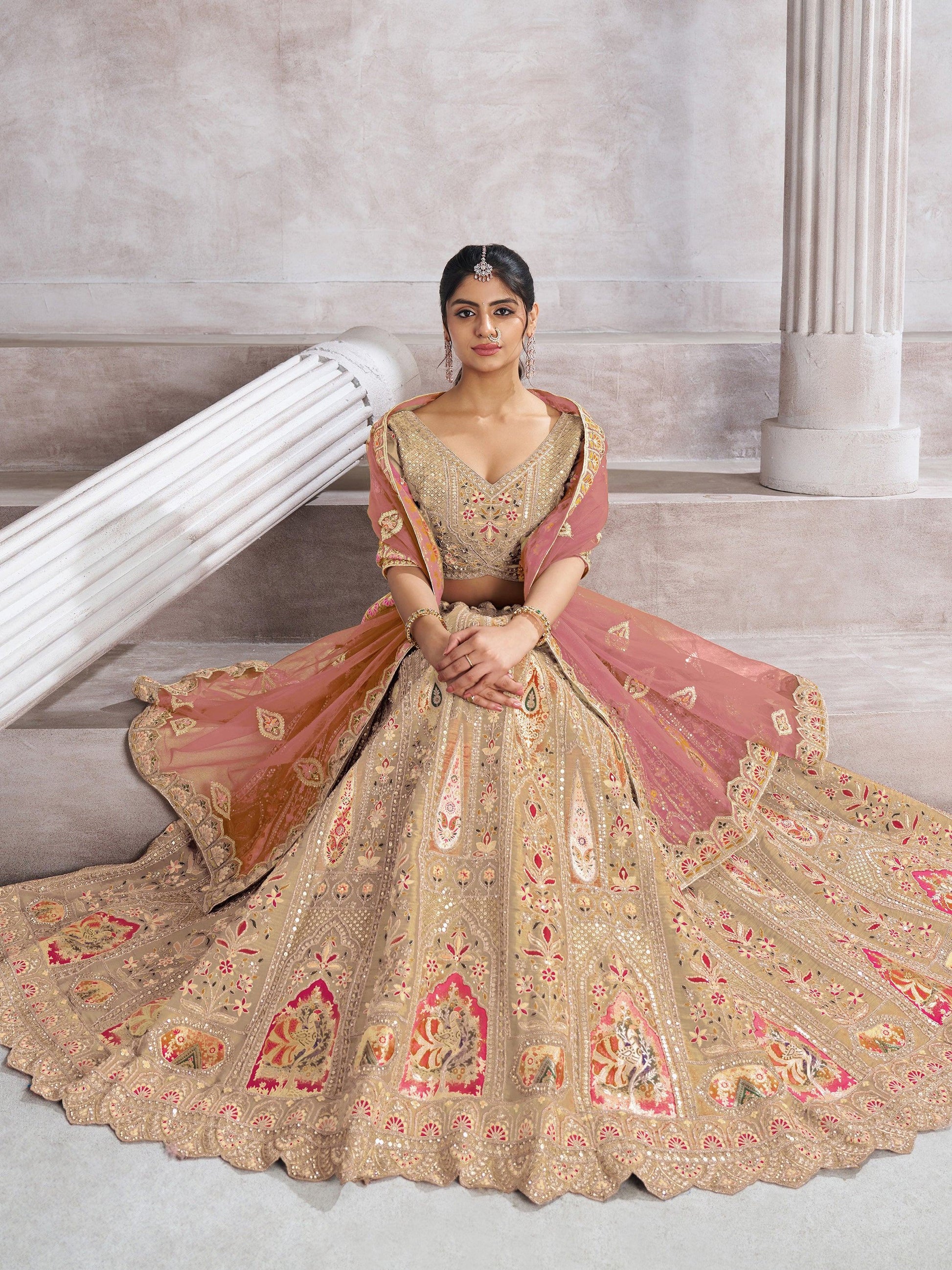Alluring Beige Thread Work Banarasi Silk Bridesmaid Lehenga Choli - Zeel Clothing