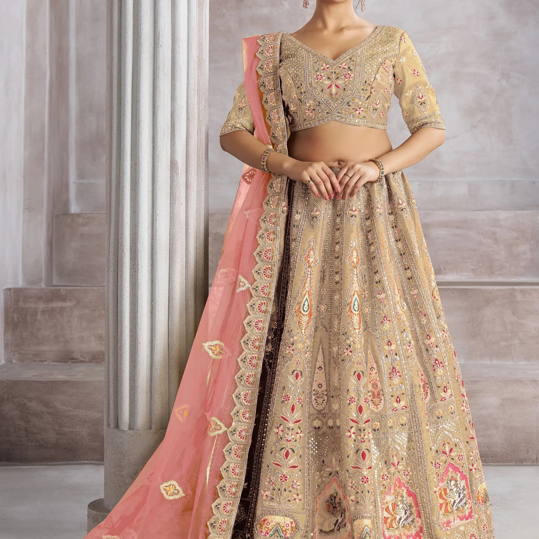 Alluring Beige Thread Work Banarasi Silk Bridesmaid Lehenga Choli - Zeel Clothing