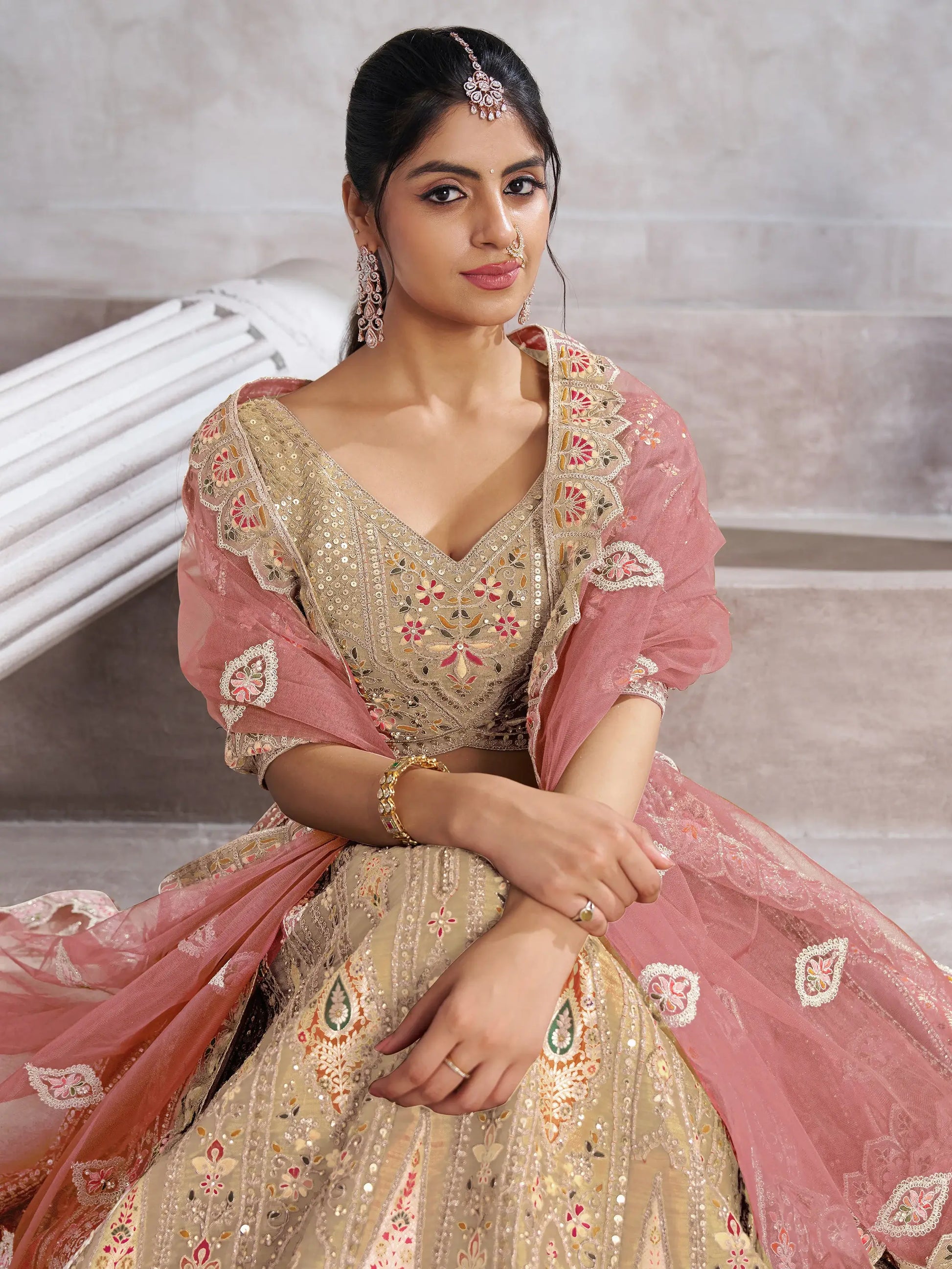 Alluring Beige Thread Work Banarasi Silk Bridesmaid Lehenga Choli - Zeel Clothing