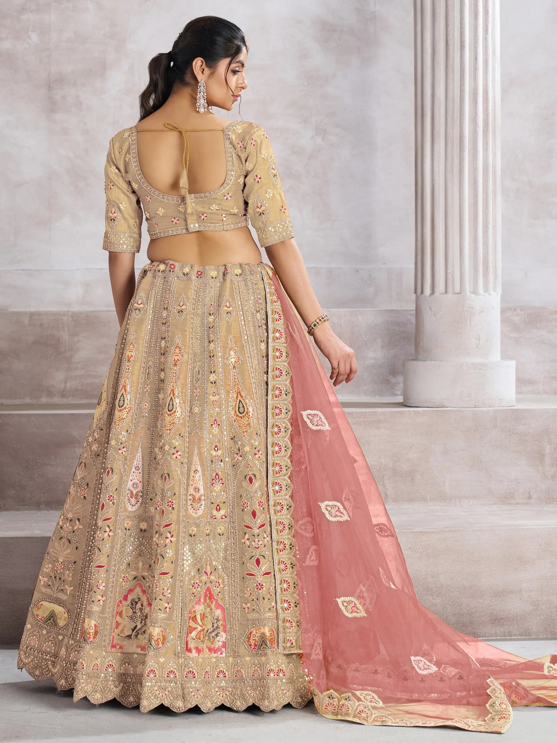 Alluring Beige Thread Work Banarasi Silk Bridesmaid Lehenga Choli - Zeel Clothing
