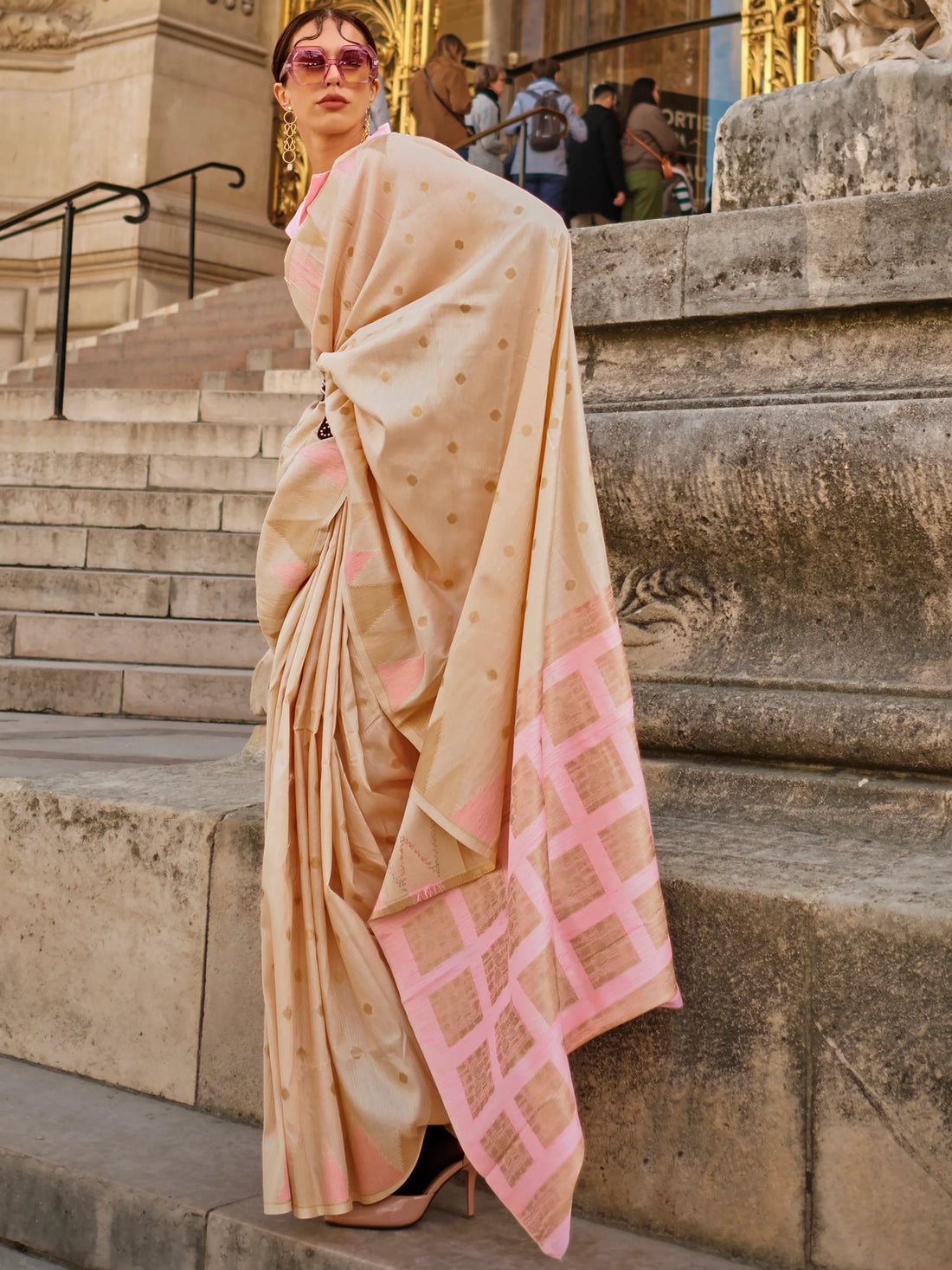 Alluring Beige Zari Weaving Silk Festive Wear Saree With Blouse - Zeel Clothing