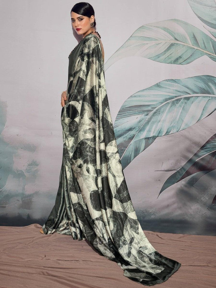 Alluring Black & White Digital Printed Satin Party Wear Saree
