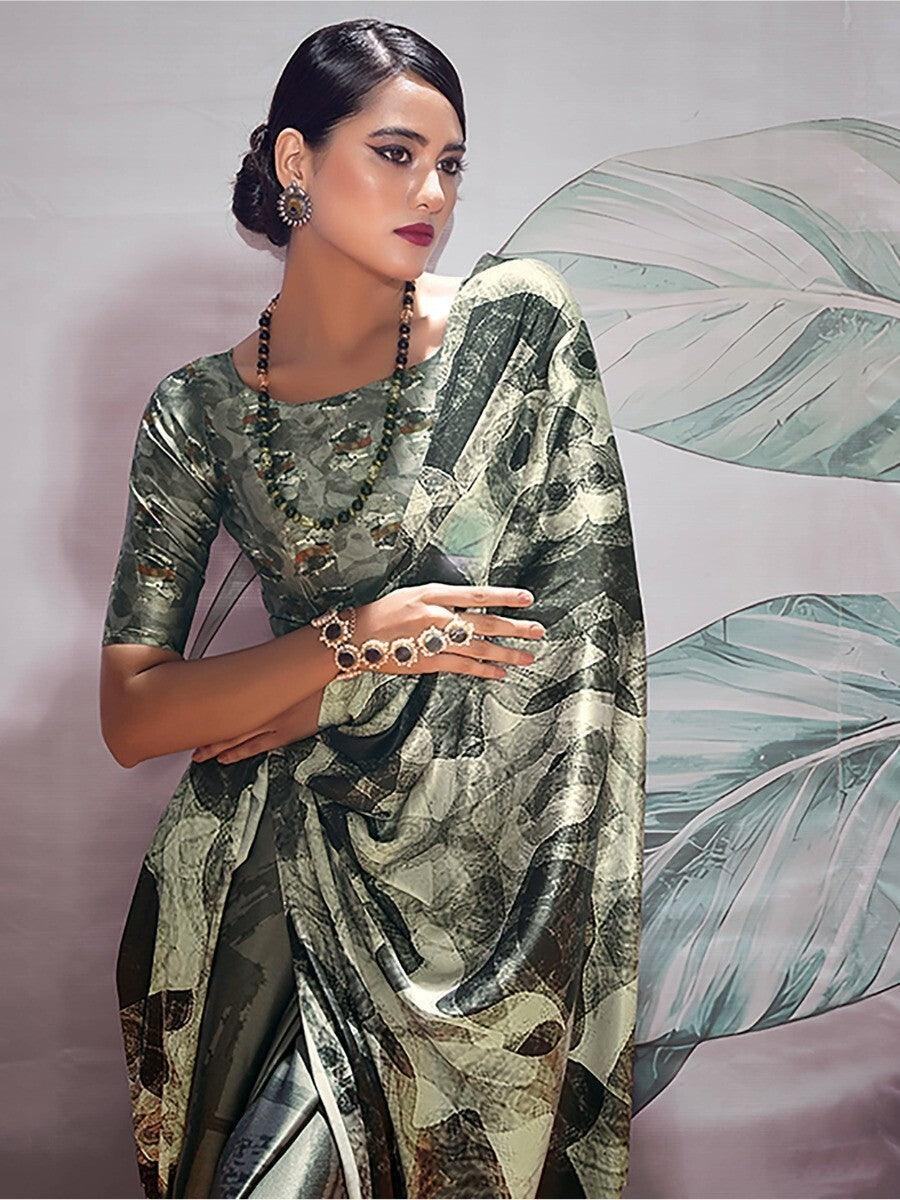 Alluring Black & White Digital Printed Satin Party Wear Saree