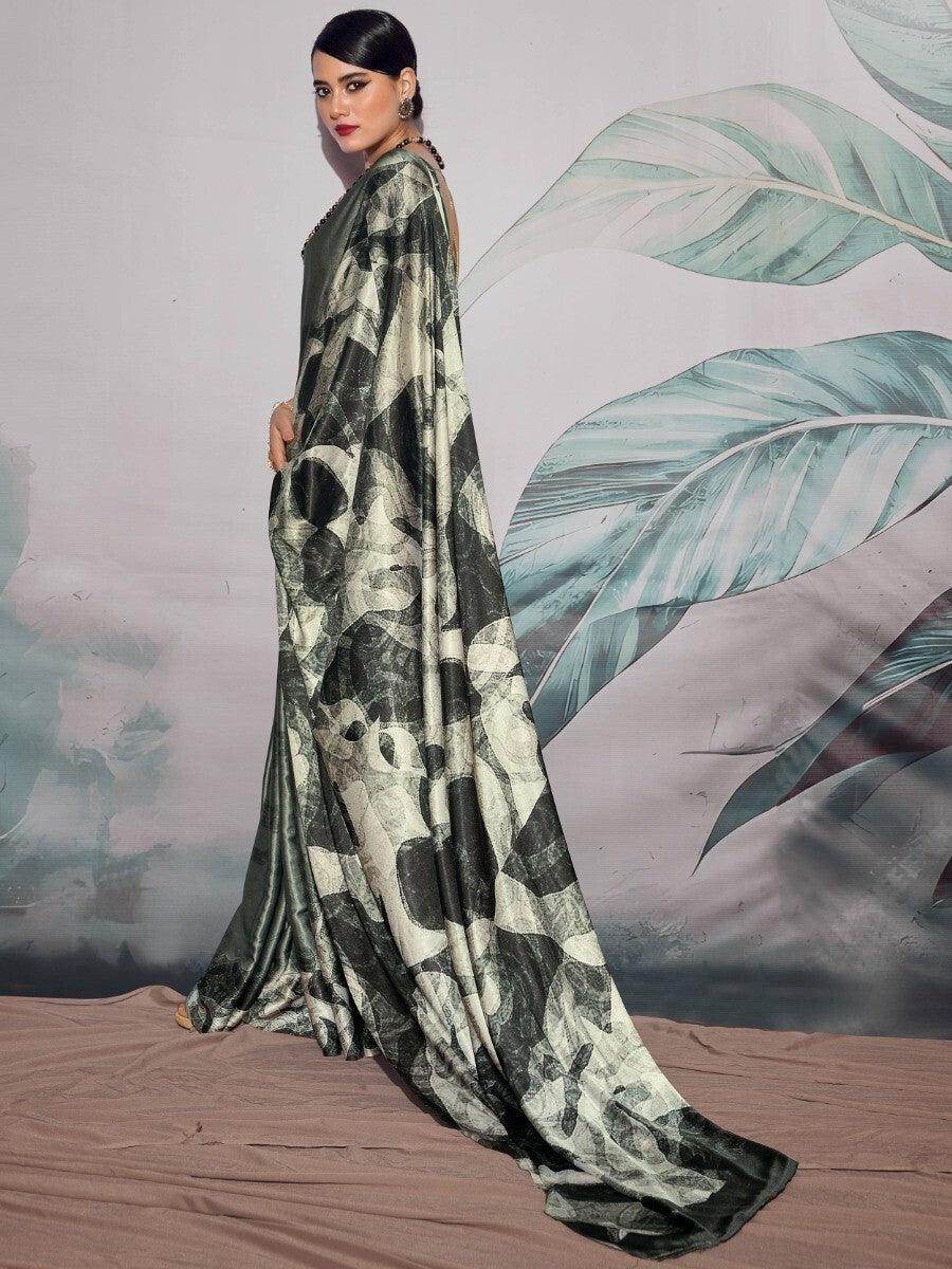 Alluring Black & White Digital Printed Satin Party Wear Saree - Zeel Clothing