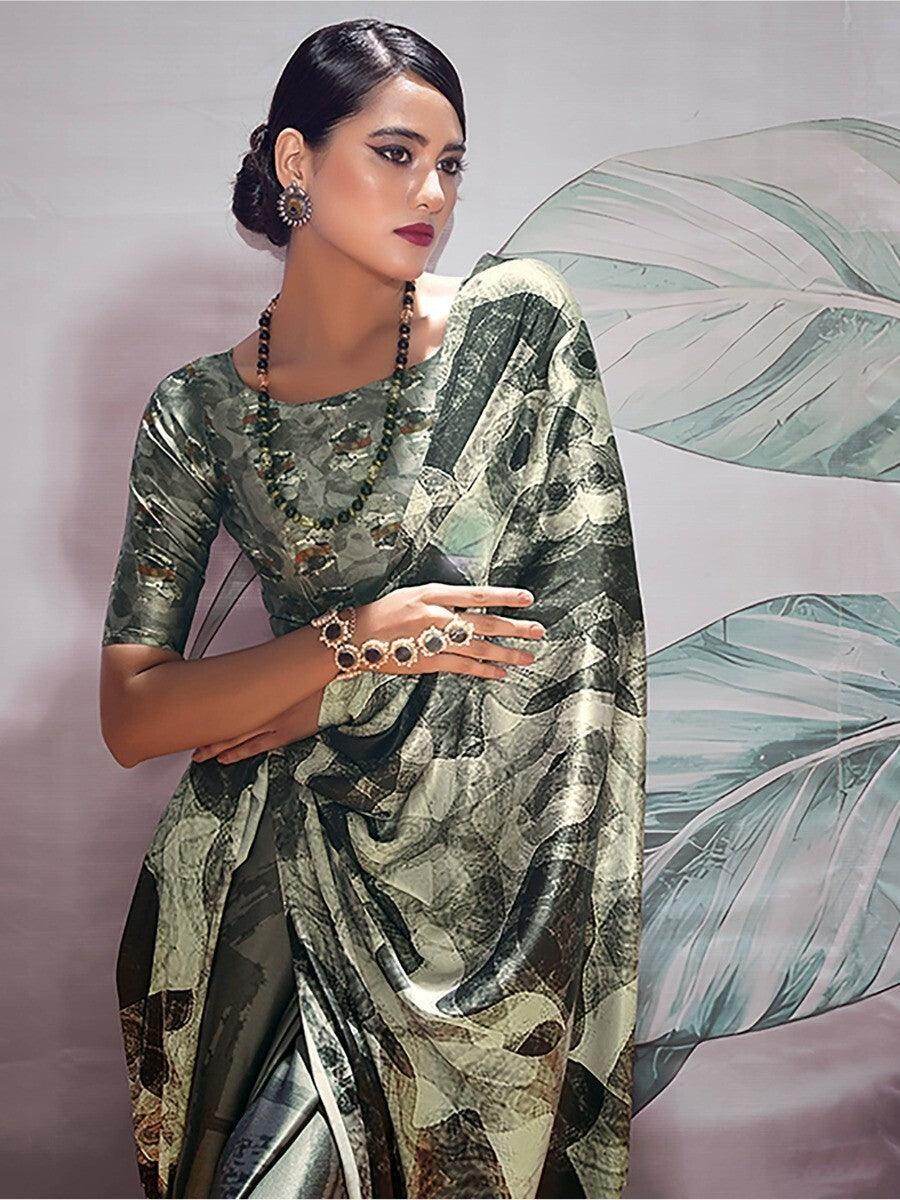Alluring Black & White Digital Printed Satin Party Wear Saree - Zeel Clothing