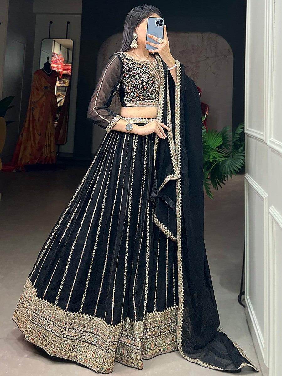 Alluring Black Embroidered Georgette Lehenga Choli With Dupatta - Zeel Clothing