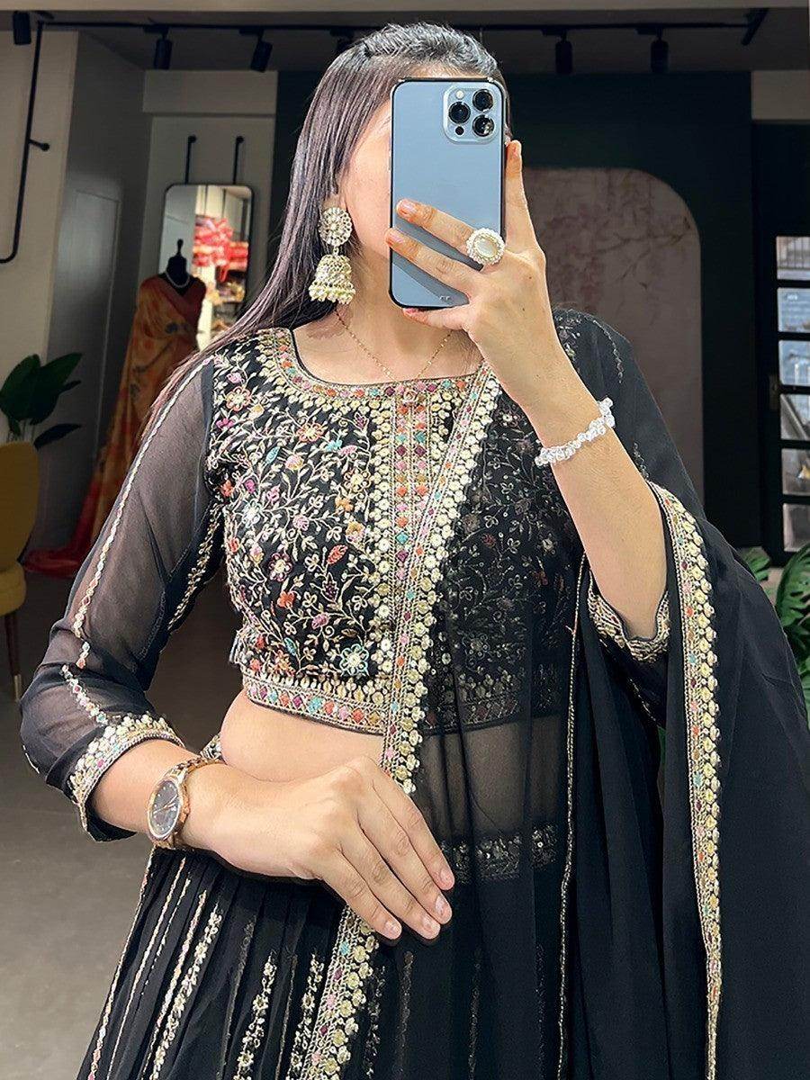 Alluring Black Embroidered Georgette Lehenga Choli With Dupatta - Zeel Clothing