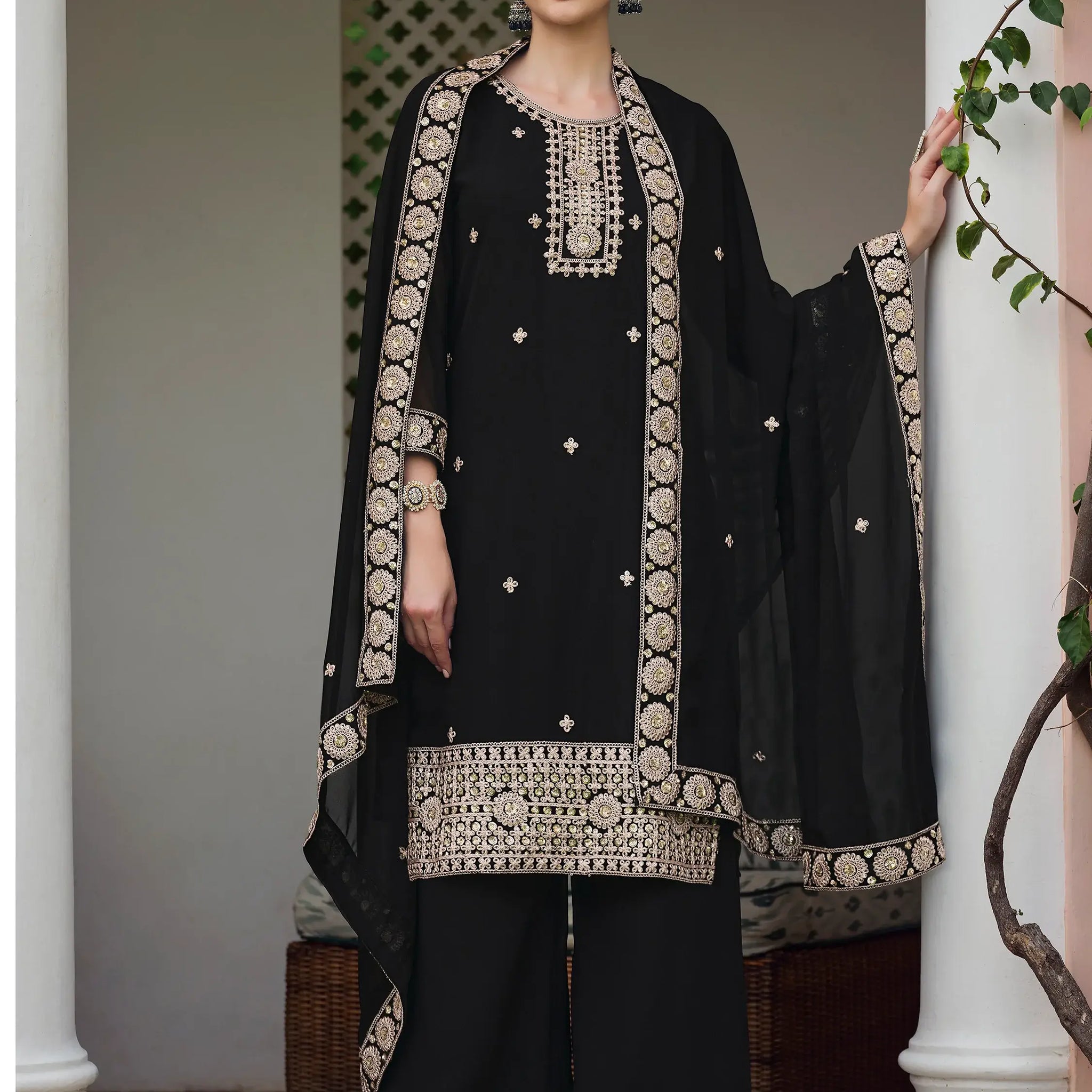 Alluring Black Embroidered Georgette Palazzo Suit With Dupatta - Zeel Clothing