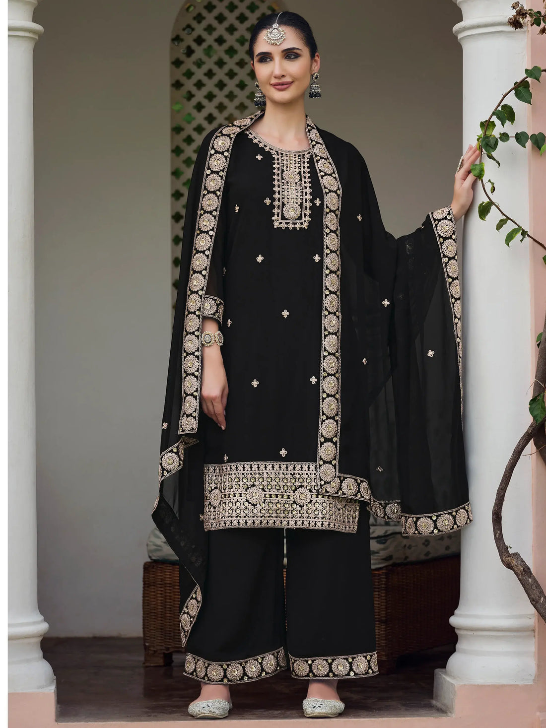 Alluring Black Embroidered Georgette Palazzo Suit With Dupatta - Zeel Clothing