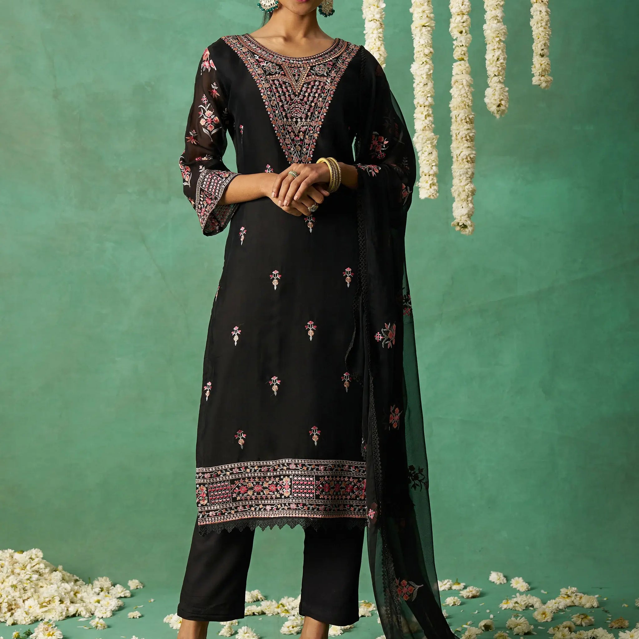 Alluring Black Embroidered Organza Festive Wear Pant Suit with Dupatta - Zeel Clothing