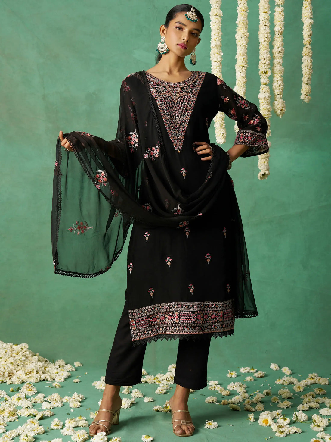 Alluring Black Embroidered Organza Festive Wear Pant Suit with Dupatta - Zeel Clothing