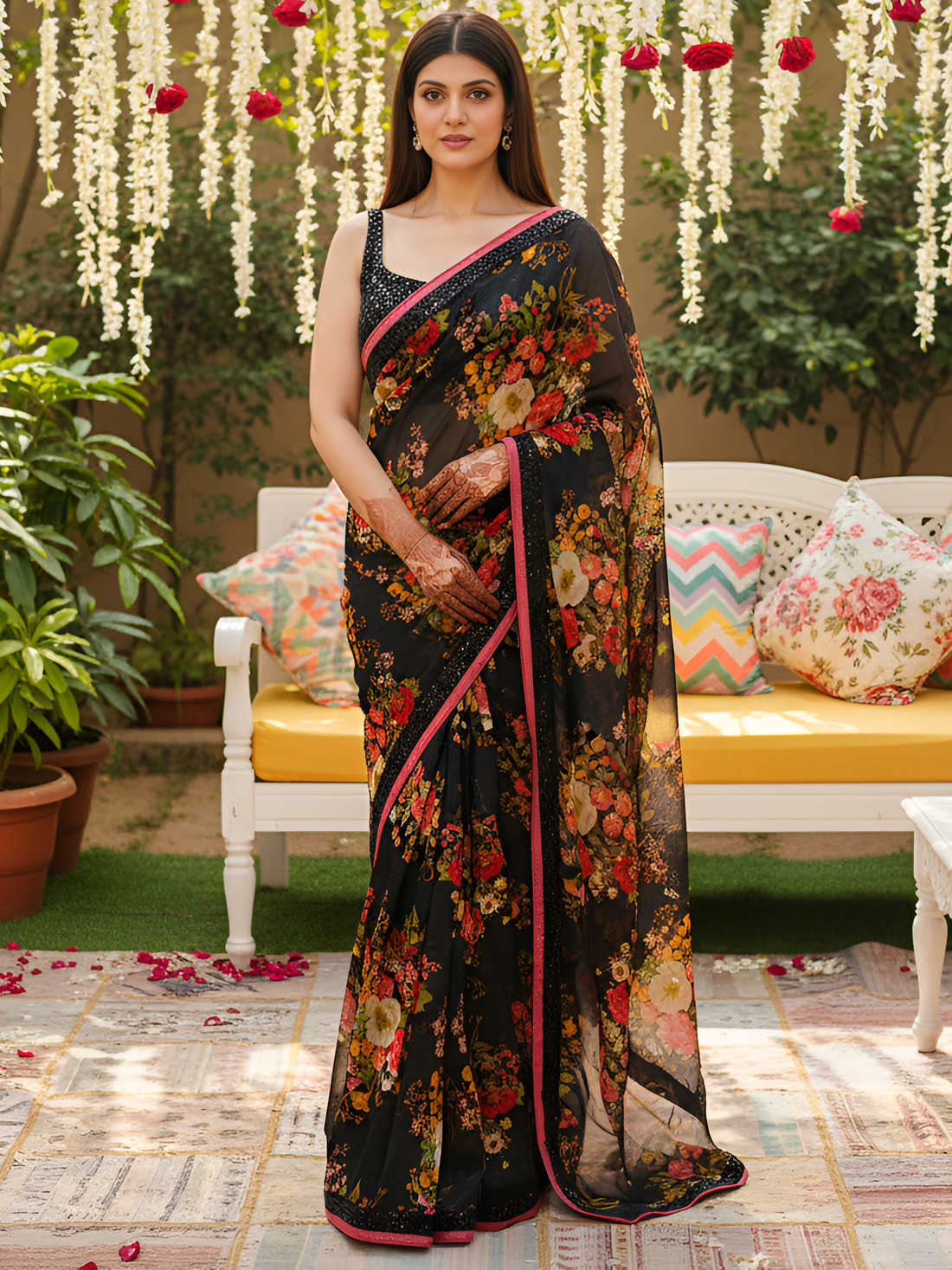 Alluring Black Floral Printed Organza Evening Wear Saree With Blouse