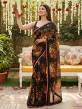 Alluring Black Floral Printed Organza Evening Wear Saree With Blouse