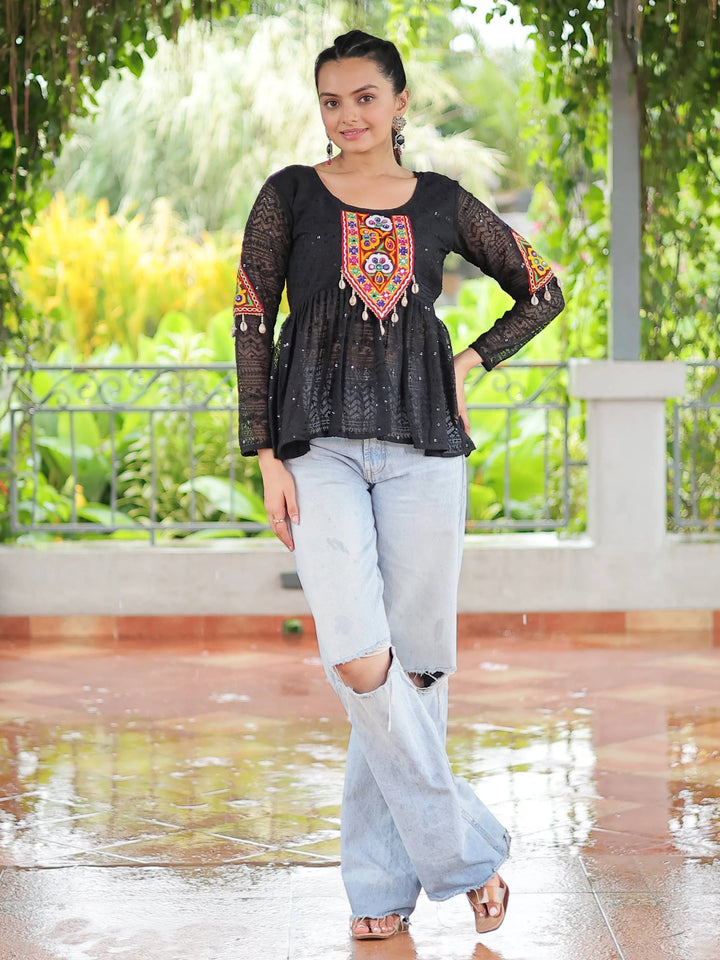Alluring Black Gamthi Work Georgette Navratri Special Peplum Style Top - Zeel Clothing