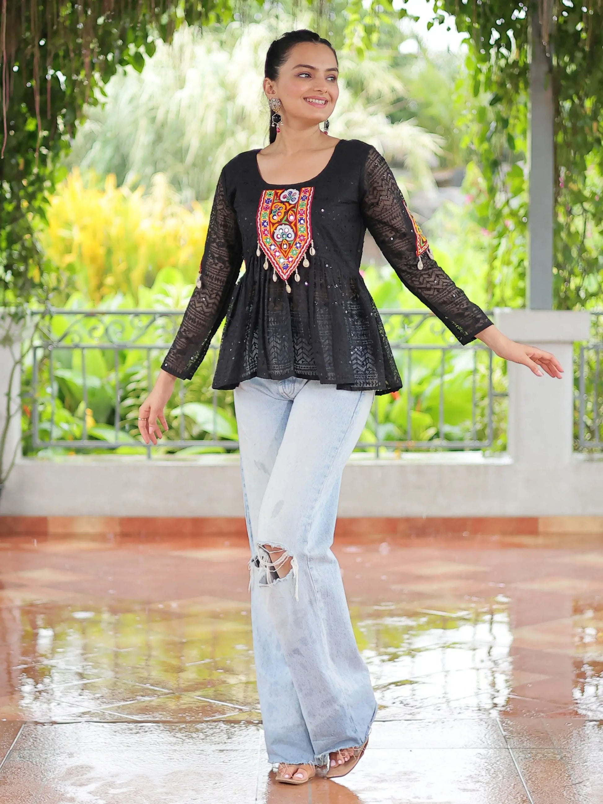 Alluring Black Gamthi Work Georgette Navratri Special Peplum Style Top - Zeel Clothing